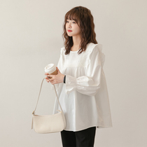 Age-reduced ~ 2021 Spring and Autumn new maternity short blouse solid color doll shirt sweet white long sleeve shirt