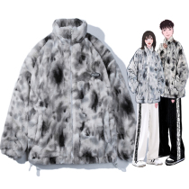 GCHC tie-dyed Lamb hair coat men and women couples ins winter rabbit plush stand collar national tide oversize cotton coat