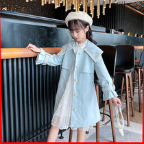 Girl autumn coat 2021 New style fashionable girl princess windbreaker spring autumn Korean version of long light blue