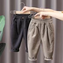 2021 new autumn and winter children's one-piece velvet boy plus velvet corduroy pants Joker padded warm pants tide