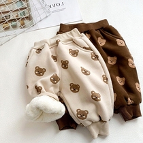 Autumn and winter Korean version of childrens all-in-one velvet boys and girls pants bear fleece sweatpants fashion casual sports pants