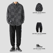 LAZY DAY original mens Japanese Tide brand retro plaid shirt mens loose casual jacket long sleeve shirt