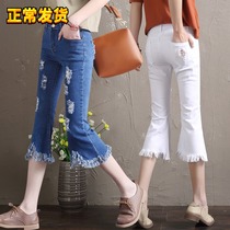 2021 new seven-point jeans female summer thin pants Korean version of slim hole slim fit nine-point micro-Bell pants