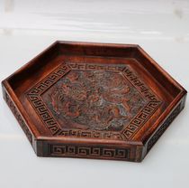 New antique collection Wood carving relief furniture Solid wood tea plate Fruit plate Antique wood dragon and Phoenix six-sided tray ornaments