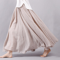 Ethnic style elastic waist large size cotton and linen skirt Forest skirt Literary retro white black long dress big swing fairy