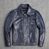 Indigo 506XX tooling denim leather jacket pure first layer cowhide leather leather leather jacket men slim lapel jacket