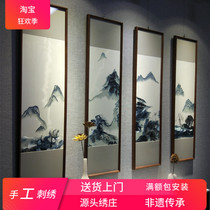 New Chinese handmade Su embroidery finished hanging painting Silk base landscape painting artistic conception living room background wall decorative painting mural