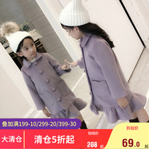 (Clear Cabin) Girl Foreign Air Coat Hair Coat Han Version CUHK Child Lotus Leaf Side Midlength Child Great Coat Girl