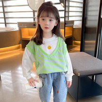 Girl Sweatshirt Spring Autumn 2022 New Little Girl Spring Dress Smile Face Loose Casual Long Sleeve Child Fake two blouses