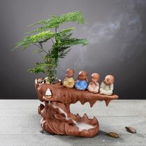 Tea pet creative sandalwood tea ceremony green plant basin landscape four small monk back Incense Burner Mountain Water tea table ornaments