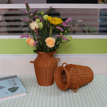 Rattan double-eared pastoral weaving round mouth imitation rattan flower storage basket small vase flower pot decoration living room decoration
