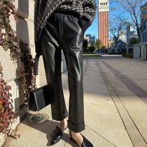 Flip leather pants women 2020 autumn and winter New loose slim straight tube casual high waist black velvet ankle-length pants