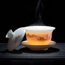  Teacup Tea set Sankai Gaiwan Dehua white porcelain Gaiwan High-end porcelain hand-painted ceramic Kung Fu foam sheep fat jade tea bowl