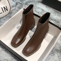 Fa-style retro Martin boots autumn winter square head coarse high heel slim boot small crowd design soft leather spring slim boot short boot