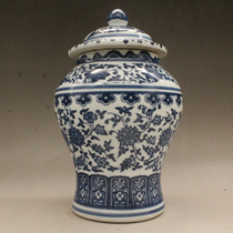 Qing Qianlong blue and white wrapped branch lotus general jar antique antique antique porcelain ornaments collection