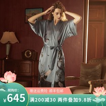 Japanese heavy silk nightgown womens loose 2021 summer new kimono simple printed pajama robe morning robe