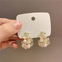 Korean temperament simple flower pearl earrings womens 2021 new trendy high-end sense of light luxury diamond earrings earrings
