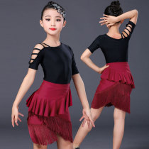 Childrens Latin dance tassel skirt short sleeve suit girls Professional Practice Competition performance clothes children Latin spring summer summer