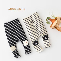 Male and female baby spring and autumn hitting bottom pants baby high purse pant pants slim large PP pants trousers length pants with trousers striped outside