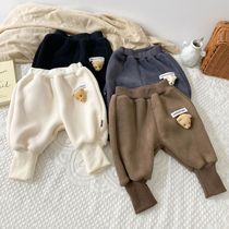Boy pants autumn and winter thick pants three-dimensional bear tie pants girls one velvet pants warm big pp pants