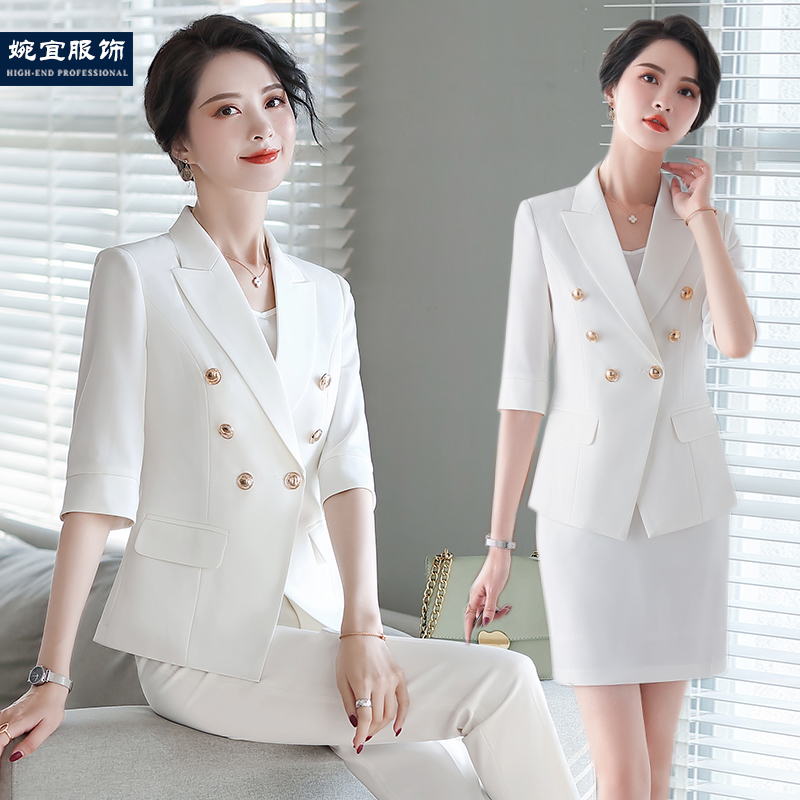 White small suit jacket womens five-sleeve spring and summer thin slim body beauty salon professional dress mid-sleeve suit suit