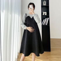 Maternity dress autumn and winter coat tide mom fashion stitching knee loose maternity dress spring large size maternity dress