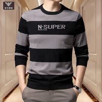 Orson Armani mens long-sleeved T-shirt spring and Autumn thin round neck striped sweater Wool knitted base shirt