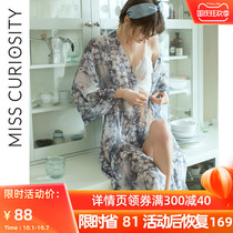 Curious Miss print robe thin sexy pajamas women spring and summer long knee chiffon cardigan home clothes sexy