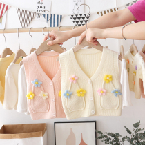Girl Sweater Vest Spring Autumn New Children Kan Shoulder Foreign Air Children Baby Knit Cardiovert Waistcoat Baby Blouse