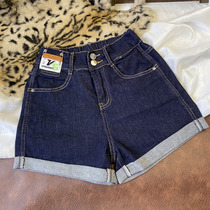 Tide~Puxi dark blue elastic waist denim shorts womens summer thin loose thin stretch crimped hot pants tide