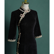 Black cheongsam long show temperament high-end young retro old Shanghai Republic of China warlord wife autumn and winter long sleeves
