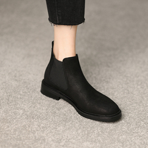 GANAIER niche design ~ giant breathable soft cowhide Chelsea short boots female English style middle heel nude boots 3CM