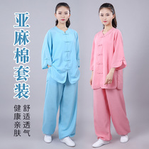 Taiji womens summer Middle sleeve low collar elegant breathable cool Taijiquan practice thin new group purchase cotton hemp Hongji