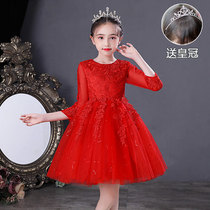 Girl dress autumn childrens red host piano performance clothes flower children white wedding dress little girl New Year dress