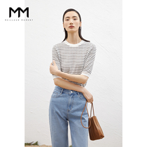Mall Tongan MM Lemon 2022 Spring Summer New Triacetate Tencel Striped Knit Short Sleeve T-shirt 5D3130201