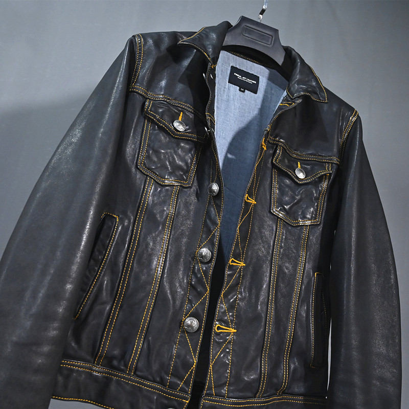 Japanese mens retro style into clothing Washed old non-painted water-dyed head layer Sheepskin denim jacket Leather leather
