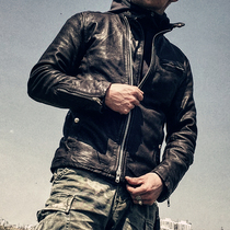 Japanese new slim-fit mens clothing without water-dyed head layer sheepskin wrinkled racing suit leather jacket Mens leather leather jacket