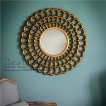 Neoclassical sun decorative mirror Round wood carving decorative mirror American living room Sofa Dining room wall decoration Entrance mirror customization