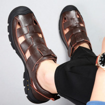 High-end Quality Mens Baotou Genuine Leather Magic Stick Leather Sandals Sandals Soft Bottom Non-slip Casual Middle Aged Dad Cool Shoes Man