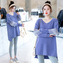 Pregnant womens spring clothing suit stylish style 2022 new pregnant womens sweatshirt spring blue long sleeve blouses spring and autumn
