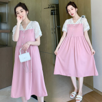 Maternity dress Summer fashion personality Western style lace stitching small fresh V-neck thin trendy mom long dress