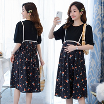 Large size maternity dress summer fashion net red fake two-piece stitching knee-high tide mom loose floral cotton dress