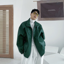 (Love to wear) ins Super fire green short collar leather clothing male senior sense Ruffian handsome loose jacket coat tide