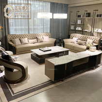 Postmodern light and luxurious straight sand hair high back large family Type high-end Bentley Villa Living Room Genuine Leather Pull Buckle Sofa