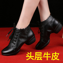 Leather dance shoes womens full cowhide summer square dance shoes black dance shoes Middle heel soft bottom mesh sailors dance shoes