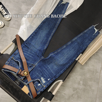 High-grade retro blue South Korea East Gate 21 years of hole fashion thin velvet nine-point stretch small feet jeans