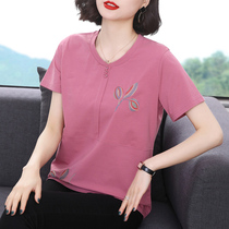 Pure cotton short-sleeved t-shirt womens loose 2021 summer new middle-aged mother half-sleeve shirt Western style embroidered top clothes