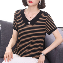 Cotton short sleeve t-shirt womens summer dress new doll collar fashion foreign style small shirt middle-aged mother striped coat tide