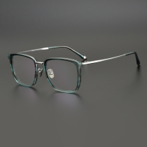 Hardcore style box Japanese handmade green hawksbill turf ultra light pure titanium wide face glasses male big face frame elastic leg