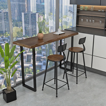 Retro solid wood bar table Household simple balcony window table High-legged table Wall long table Bar table and chair combination